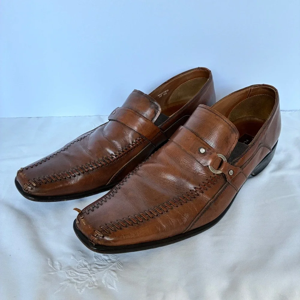 Florsheim Loafers 45 EE Brown Matteo Leather Whipstitch Square Toe Dress Shoe